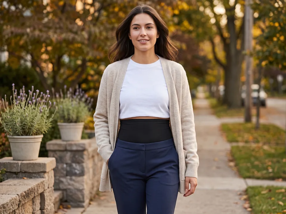 Living with an ileostomy in the first weeks: woman on a slow autumn walk with a black SIIL wrap under her tee