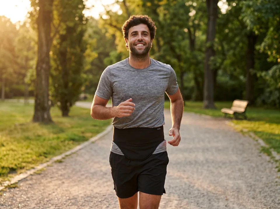 Exercise with an ileostomy: man jogging in a park at sunrise with a black SIIL ostomy belt over his running tee