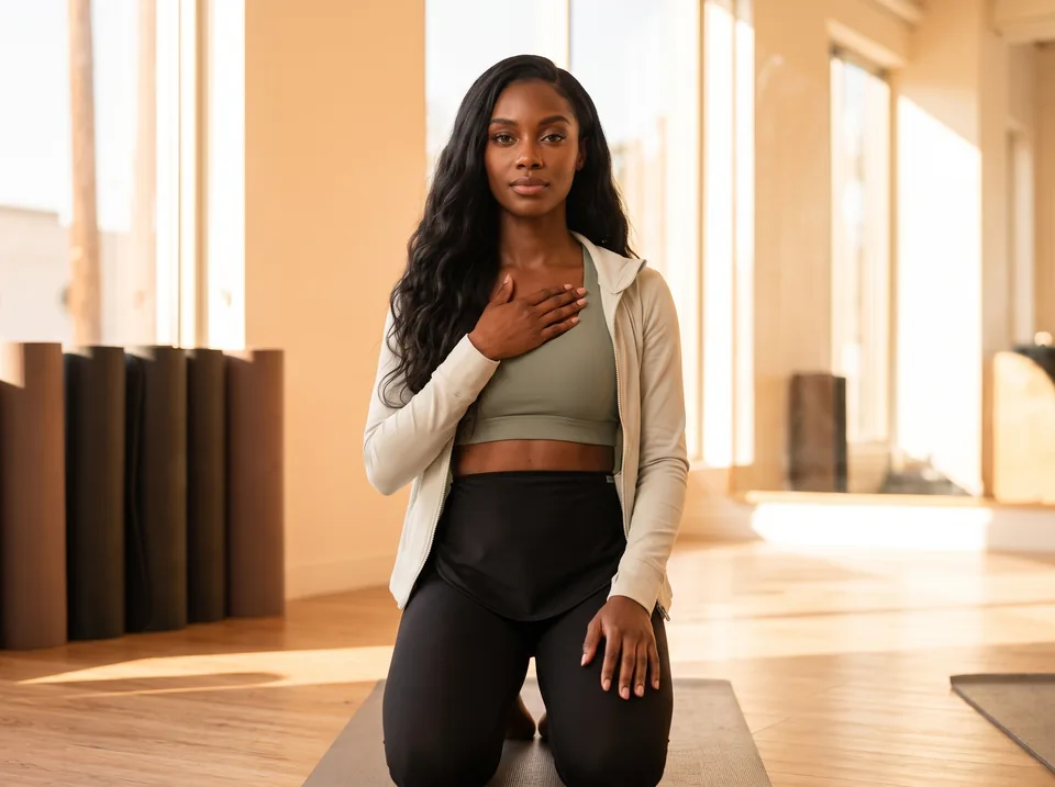 Gentle core exercise with a stoma prolapse Exercise with a prolapsed stoma: woman kneeling on a mat in a bright studio doing a breathing exercise, black SIIL ostomy belt at her waist