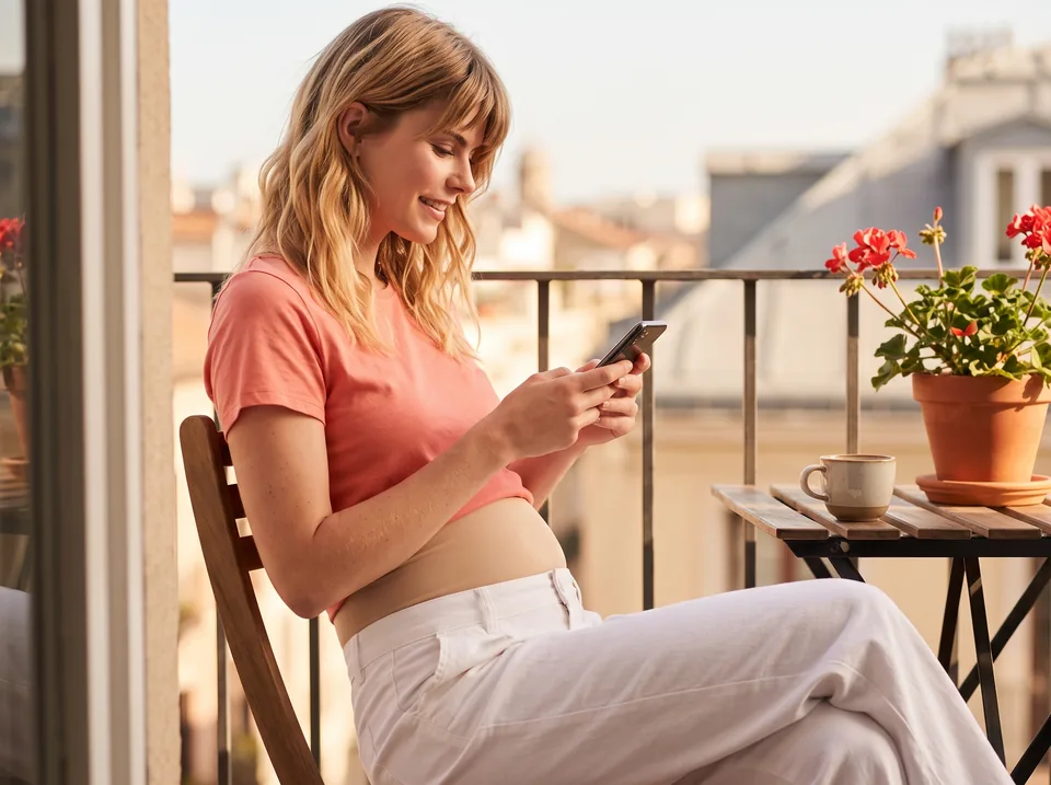 Woman reading on her phone on a sunny balcony, beige SIIL wrap under her coral top