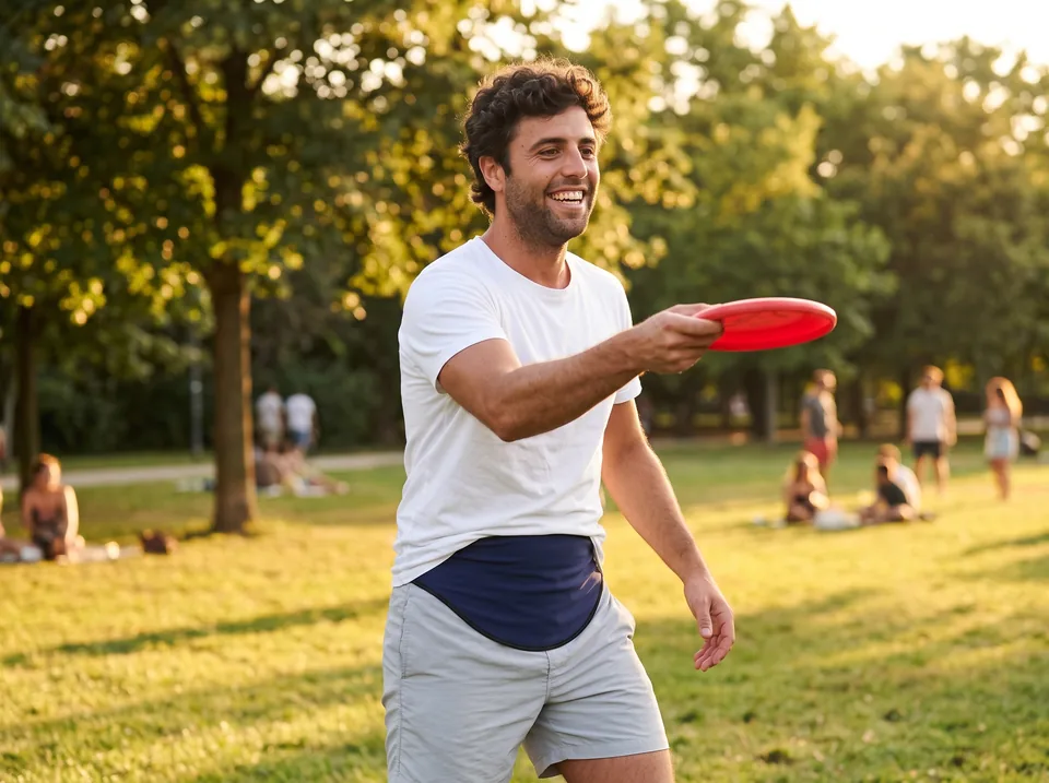 Playing sport with a stoma without worrying about knocks Active life with a stoma: man catching a frisbee in a sunny park, navy SIIL ostomy belt holding his pouch steady