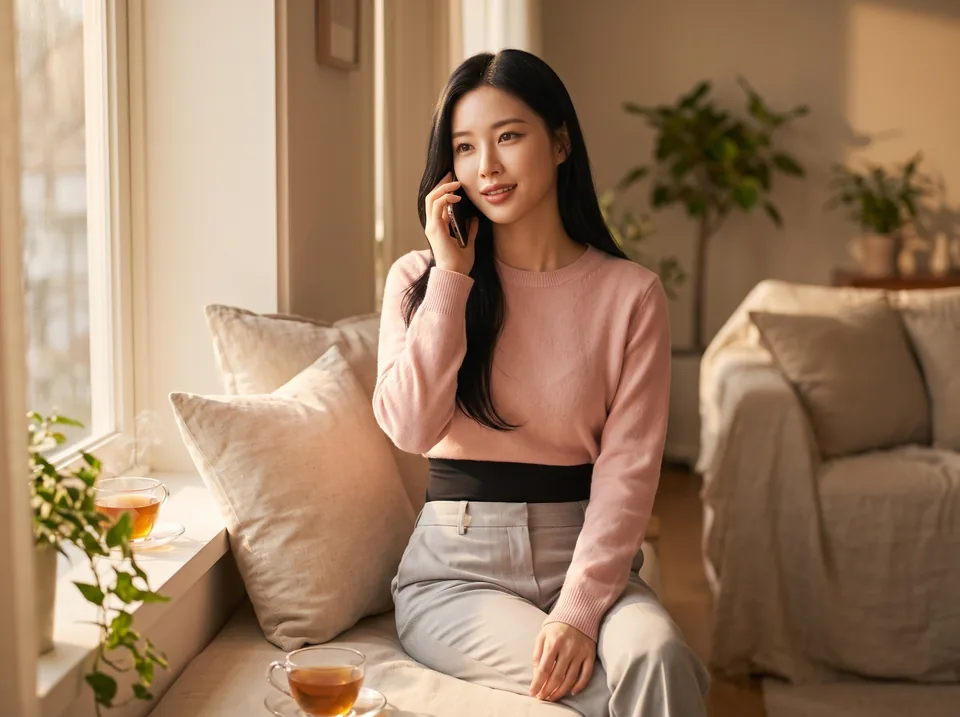 Talking to a stoma nurse about stoma bleeding Stoma bleeding: calm woman on the phone with her stoma nurse by a sunny window, black SIIL wrap under her sweater