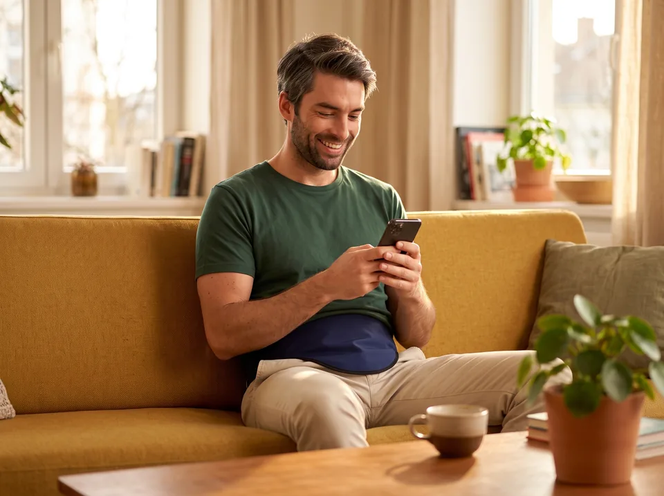 Working out where stoma bleeding comes from Checking stoma bleeding calmly: man reading on his phone on a sofa, navy SIIL ostomy belt over his tee