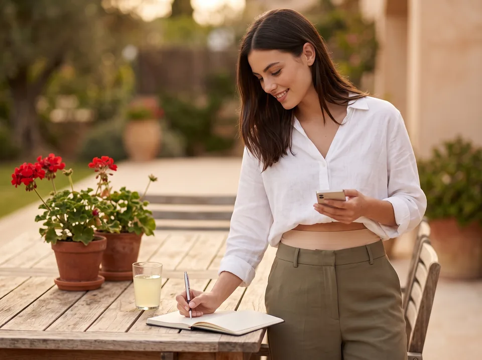 Keeping a note about stoma bleeding for your nurse Stoma bleeding: woman writing a short note in a notebook while on the phone with her stoma nurse, beige SIIL wrap under her blouse
