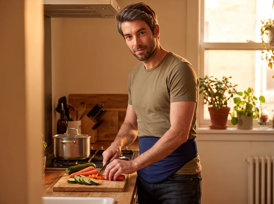Everyday life with an ileostomy What is an ileostomy in everyday life: man chopping vegetables at his kitchen counter, blue SIIL ostomy belt over his tee
