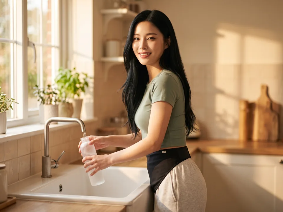 New routine with an ileostomy: woman refilling a water bottle at a sunny kitchen sink, black SIIL ostomy belt over her joggers