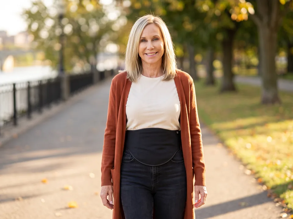 Getting back on your feet after an ileostomy Weeks after ileostomy surgery: woman smiling on a slow walk through an autumn park, black SIIL ostomy belt under her open cardigan
