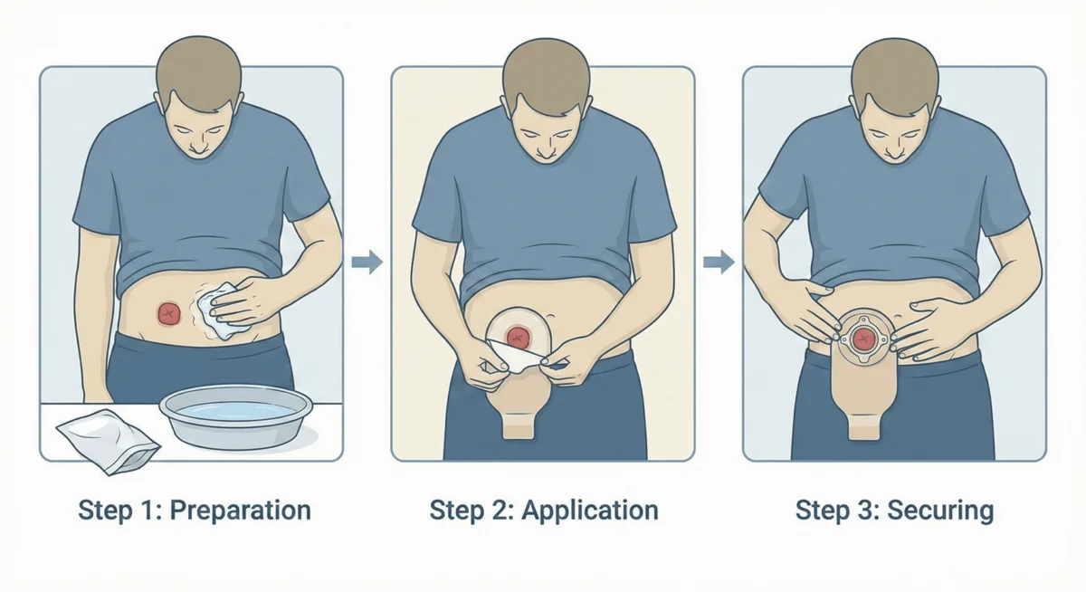Illustration of a man preparing and applying an ostomy pouch