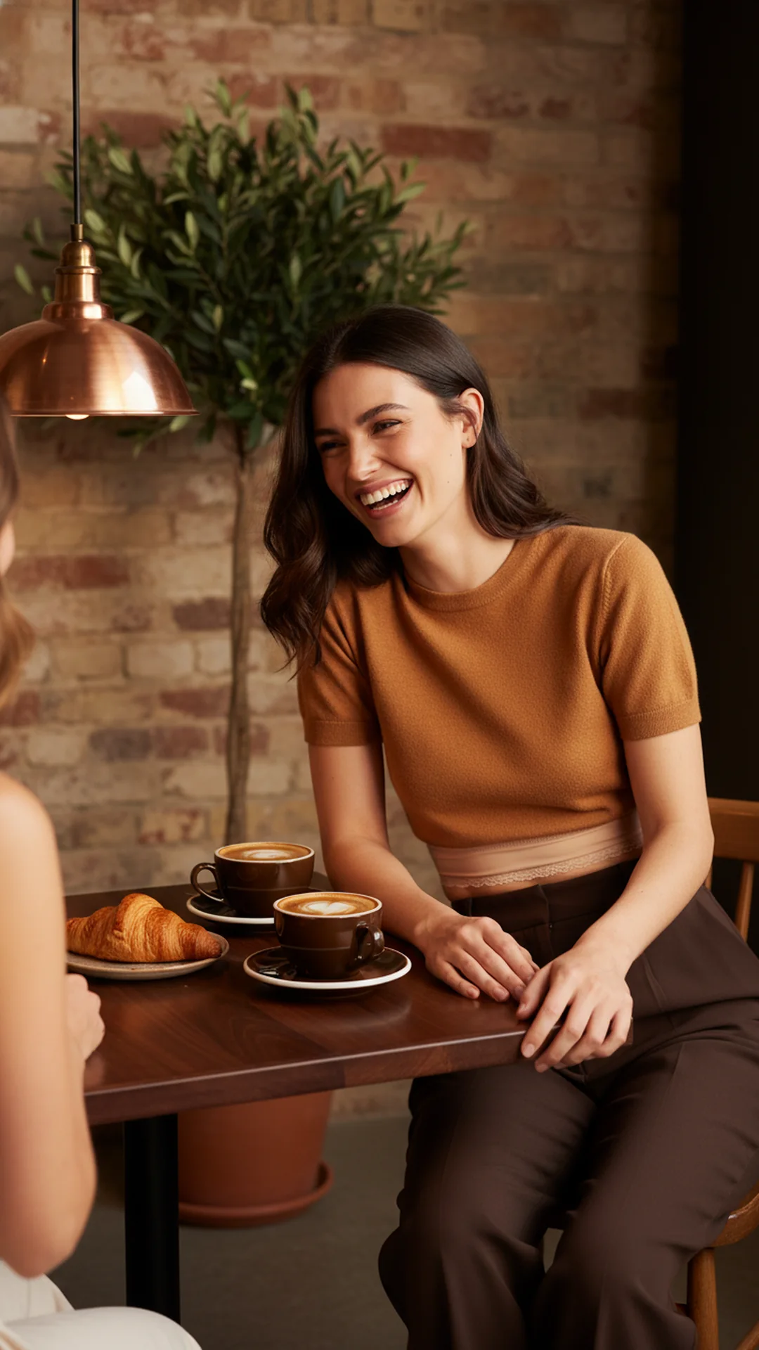 Redaksjonell illustrasjon av en kvinne med teal genser og brun bukse som sitter på en kafé