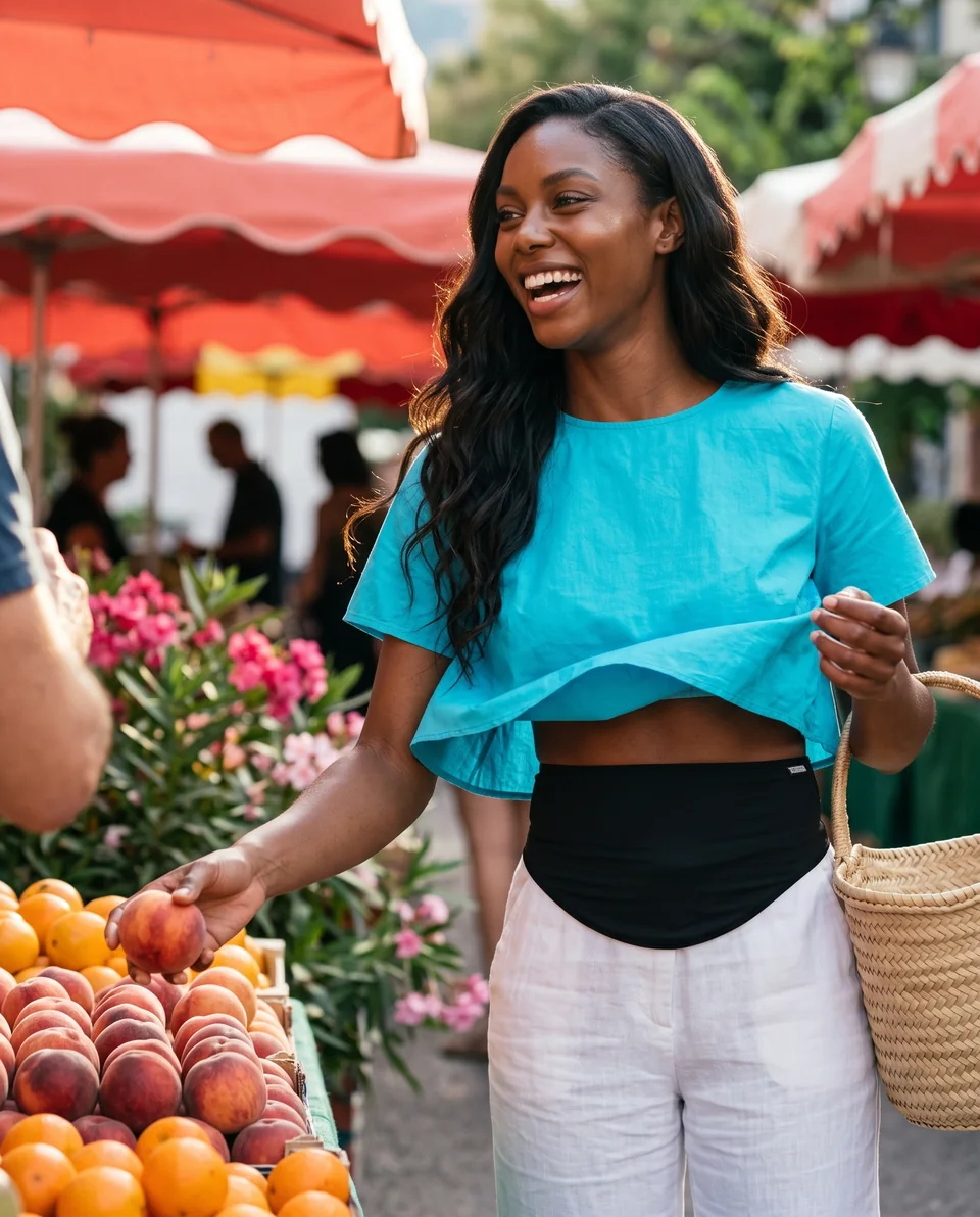 Woman choosing fruit at an outdoor market, wearing a turquoise blouse and a black ostomy belt.