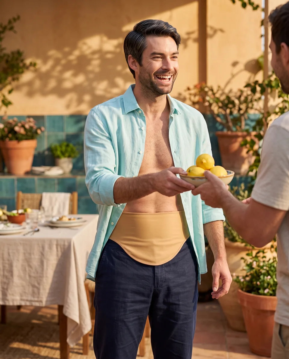 Man in an open blue shirt and beige ostomy belt passing a bowl of lemons across a terrace table.