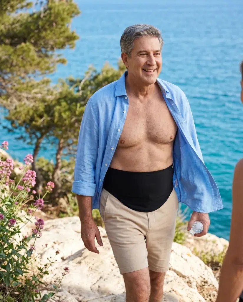 Smiling man walking along a sunny coastal path above the sea, his blue shirt open over a black SIIL band and light shorts