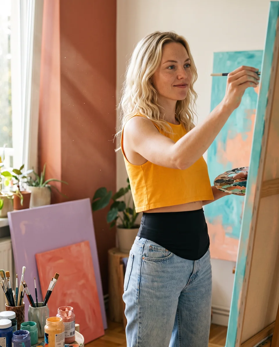 Woman painting a colorful canvas at home, wearing a yellow top, jeans and a black ostomy belt.