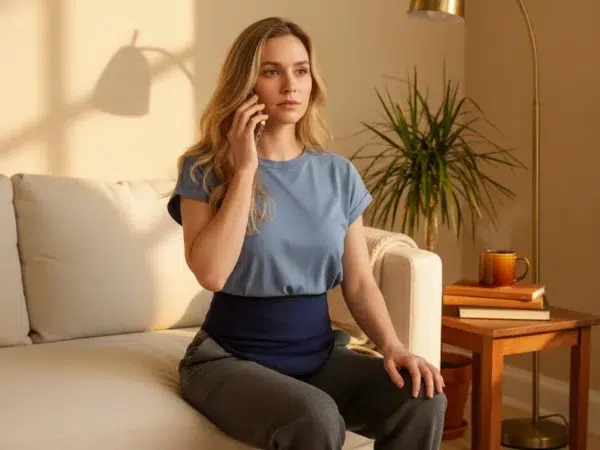 Woman with a loop stoma sitting on a cream sofa talking on the phone, wearing a blue T-shirt, grey trousers and a navy SIIL band at her waist
