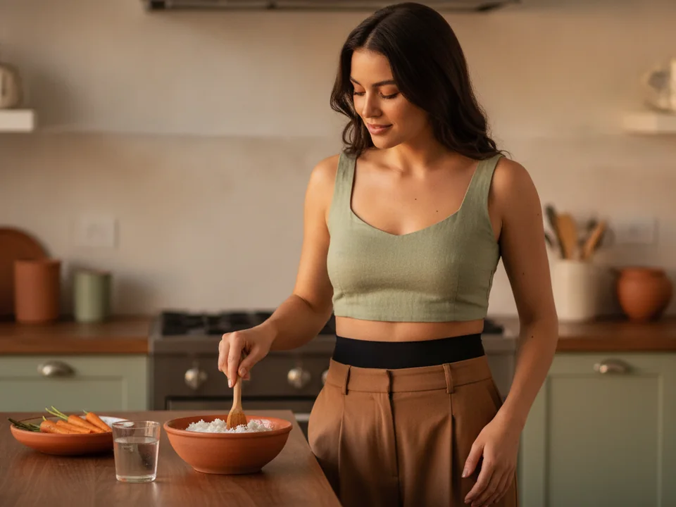 Woman preparing a bowl of rice in a home kitchen, wearing a green top and black ostomy wrap.