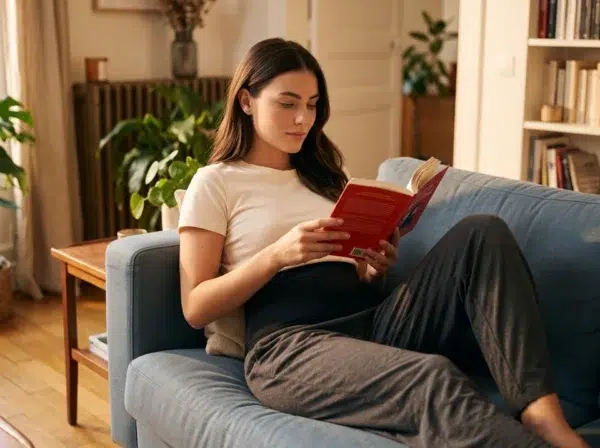 Woman with a loop stoma relaxing on a blue sofa with a book, wearing a cream T-shirt, dark trousers and a black SIIL band at her waist