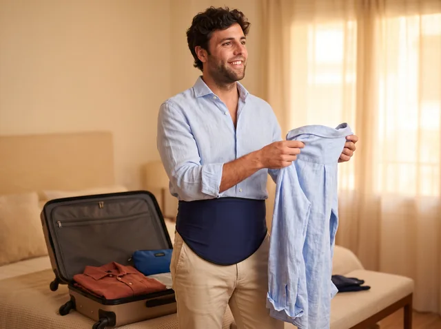 Man packing a blue shirt beside an open suitcase, wearing a navy ostomy belt over beige trousers.