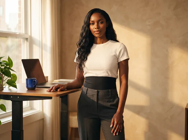 Woman beside a laptop at a home desk, wearing a cream top, gray trousers and black ostomy wrap.