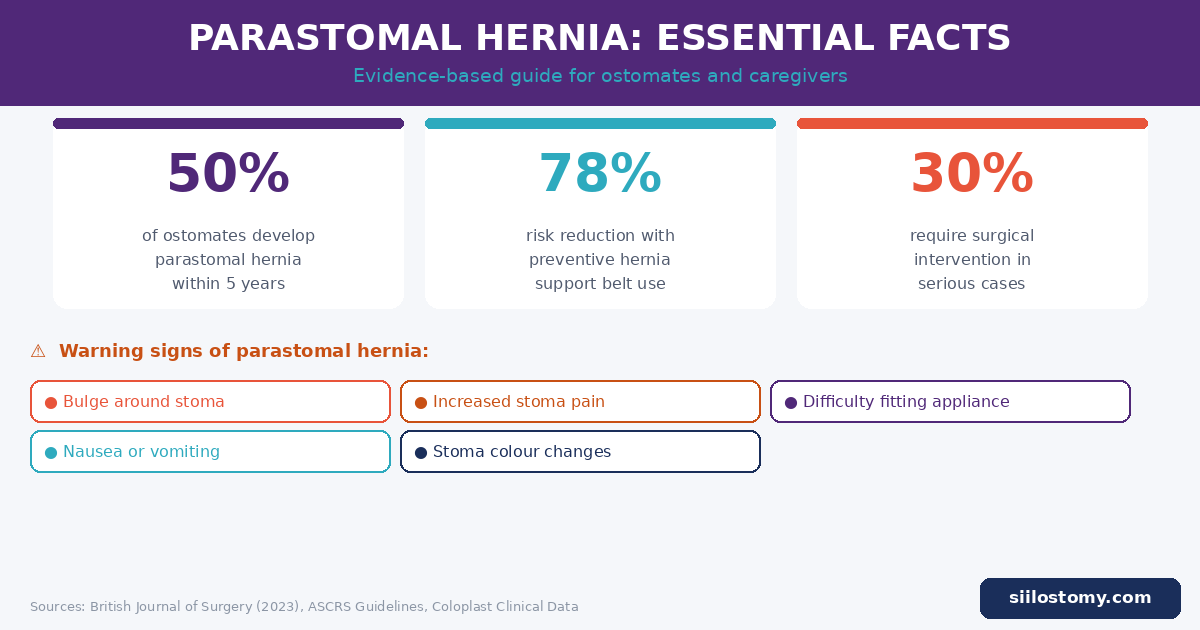 Ostomy Products | Colostomy Bag Covers | SIIL Ostomy | Ostomy Belt | Ileostomy Underwear Infografik parastomalem Hernie – 50% Risiko in 5 Jahren, Warnsymptome und Prävention mit Stoma-Stützgürtel