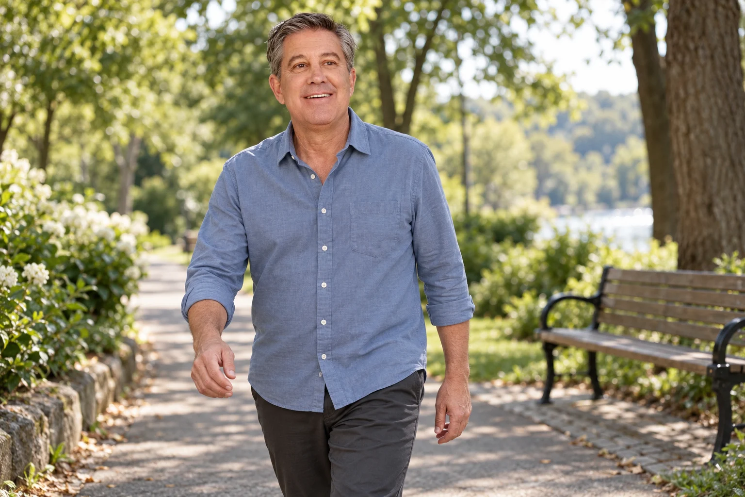 Bruce passeggia nel parco con una camicia azzurra e pantaloni scuri.